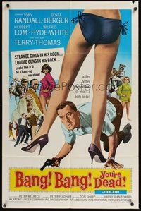 7d058 BANG BANG YOU'RE DEAD 1sh '66 wacky art of Tony Randall crouching between sexy legs!