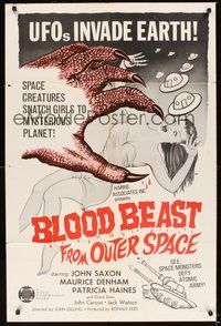 7d096 BLOOD BEAST FROM OUTER SPACE 1sh '65 UFOs invade Earth, creatures snatch sexy girls!