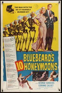7d100 BLUEBEARD'S 10 HONEYMOONS 1sh '60 wild art of George Sanders with skeleton bride!