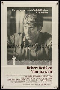 7d119 BRUBAKER 1sh '80 warden Robert Redford is the most wanted man in Wakefield prison!