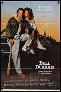 7d124 BULL DURHAM 1sh '88 great image of baseball player Kevin Costner & sexy Susan Sarandon!