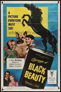 7d179 COURAGE OF BLACK BEAUTY 1sh '57 Johnny Crawford, Mimi Gibson, art of black horse!
