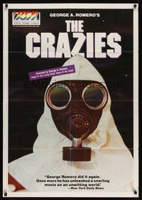 7d182 CRAZIES video 1sh R1980s George Romero, great super close image of creepy hooded man in gas mask!