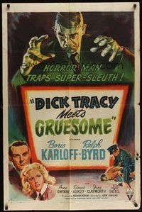 7d218 DICK TRACY MEETS GRUESOME style A 1sh '47 great artwork of Boris Karloff looming over title!