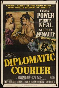 7d223 DIPLOMATIC COURIER 1sh '52 cool art of Patricia Neal pulling a gun on shirtless Tyrone Power