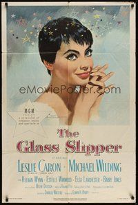 7d331 GLASS SLIPPER 1sh '55 wonderful close up art of pretty Leslie Caron by Jon Weintraub!