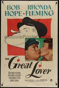 7d344 GREAT LOVER 1sh '49 Hirschfeld art & photo of Bob Hope, Rhonda Fleming!