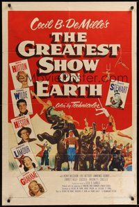 7d348 GREATEST SHOW ON EARTH 1sh '52 Cecil B. DeMille circus classic,Charlton Heston, Stewart!