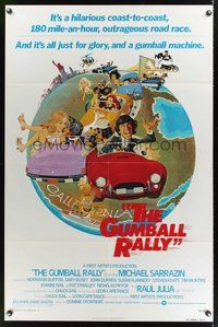 7d354 GUMBALL RALLY style A 1sh '76 Michael Sarrazin, wacky art of car racing around the world!