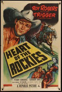 7d379 HEART OF THE ROCKIES 1sh '51 close-up artwork of Roy Rogers & Trigger!