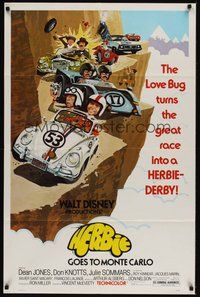 7d392 HERBIE GOES TO MONTE CARLO 1sh '77 Disney, wacky art of Volkswagen Beetle car racing!