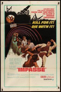 7d435 IMPASSE int'l 1sh '69 cool action art of Burt Reynolds kicking thug in the face, Anne Francis!