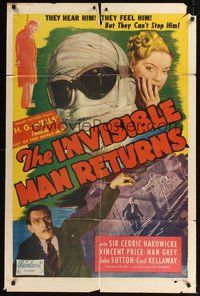 7d449 INVISIBLE MAN RETURNS 1sh R48 Vincent Price, Hardwicke, H.G. Wells, cool sci-fi image!