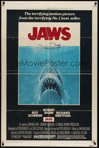 7d460 JAWS 1sh '75 art of Steven Spielberg's classic man-eating shark attacking sexy swimmer!