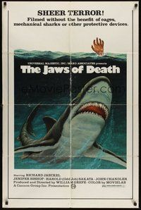 7d462 JAWS OF DEATH 1sh '76 great artwork image of giant shark underwater!