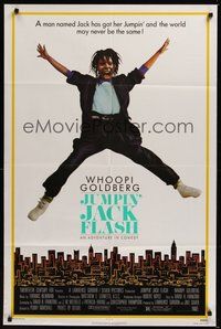 7d473 JUMPIN' JACK FLASH 1sh '86 great wacky image of Whoopi Goldberg in mid-air!