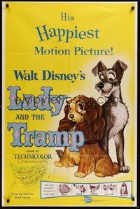 7d492 LADY & THE TRAMP 1sh R62 Walt Disney romantic canine dog classic cartoon!