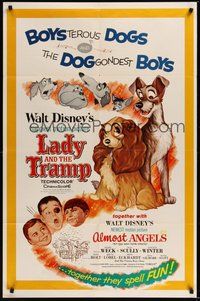 7d493 LADY & THE TRAMP/ALMOST ANGELS 1sh '62 Walt Disney double-bill w/cool canine art!