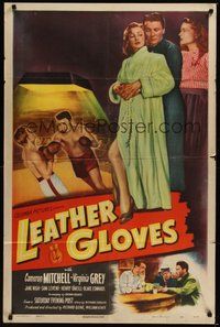 7d513 LEATHER GLOVES 1sh '48 boxing Cameron Mitchell takes a swing, holds Virginia Grey!
