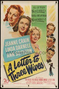 7d520 LETTER TO THREE WIVES 1sh '49 Jeanne Crain, Linda Darnell, Ann Sothern, young Kirk Douglas!