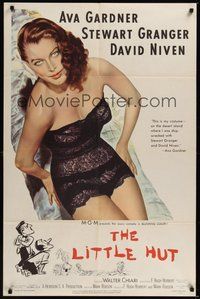 7d527 LITTLE HUT 1sh '57 giant image of barely-dressed tropical Ava Gardner with sexy eyes!