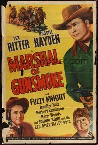 7d569 MARSHAL OF GUNSMOKE 1sh '44 cool image of Tex Ritter, Russell Hayden, Fuzzy Knight!