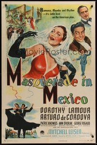 7d572 MASQUERADE IN MEXICO style A 1sh '46 close-up of romantic Dorothy Lamour & Arturo de Cordova!