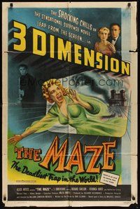 7d573 MAZE 1sh '53 William Cameron Menzies, great 3-D image of screaming girl reaching off screen!