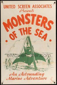 7d585 MONSTERS OF THE SEA 1sh '30s cool artwork of giant stingray being lifted from ocean!
