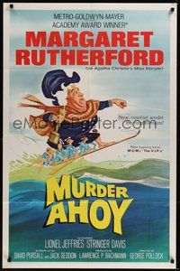 7d606 MURDER AHOY 1sh '64 funny art of Margaret Rutherford water skiing one-handed w/Oscar!