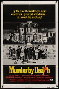 7d609 MURDER BY DEATH int'l 1sh '76 great Charles Addams art of cast by dead body & spooky house!