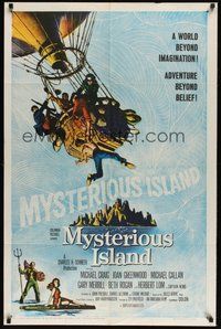 7d621 MYSTERIOUS ISLAND 1sh '61 Ray Harryhausen, Jules Verne sci-fi, cool hot-air balloon art!