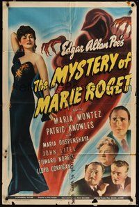 7d622 MYSTERY OF MARIE ROGET 1sh '42 Edgar Allan Poe, Maria Montez, cool artwork of ghost!