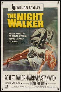 7d640 NIGHT WALKER 1sh '65 William Castle, Robert Taylor, Barbara Stanwyck, Reynold Brown art!