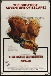 7d669 PAPILLON 1sh '73 great art of prisoners Steve McQueen & Dustin Hoffman by Tom Jung!