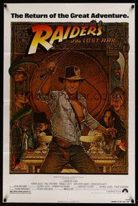 7d711 RAIDERS OF THE LOST ARK 1sh R82 great art of adventurer Harrison Ford by Richard Amsel!