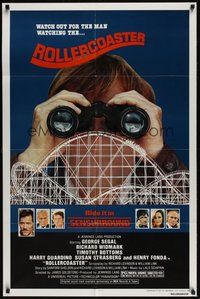 7d734 ROLLERCOASTER 1sh '77 George Segal, Richard Widmark, image of creepy stalker w/binoculars!