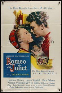 7d735 ROMEO & JULIET 1sh '55 close up of Laurence Harvey romancing Susan Shentall, Shakespeare!
