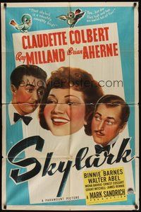 7d788 SKYLARK style A 1sh '41 great art of Claudette Colbert, Ray Milland & Brian Aherne!