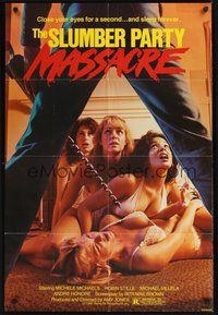 7d793 SLUMBER PARTY MASSACRE 1sh '82 killer stares down four sexy barely-dressed girls on floor!
