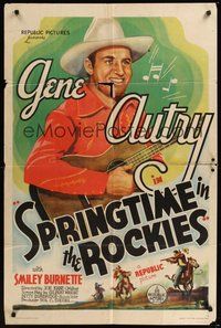 7d807 SPRINGTIME IN THE ROCKIES 1sh '37 smiling close up art of Gene Autry playing guitar!