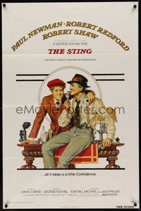 7d817 STING 1sh '74 best artwork of con men Paul Newman & Robert Redford by Richard Amsel!