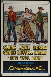 7d846 TALL MEN 1sh '55 full-length art of Clark Gable, sexy Jane Russell showing leg, Robert Ryan!
