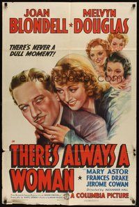 7d861 THERE'S ALWAYS A WOMAN style B 1sh '38 art of Joan Blondell, Melvyn Douglas & Mary Astor!