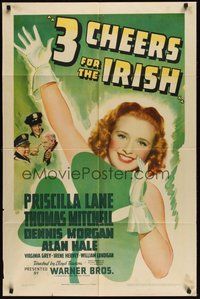 7d871 THREE CHEERS FOR THE IRISH 1sh '40 Thomas Mitchell, pretty Priscilla Lane wearing a clover!