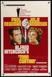 7d898 TORN CURTAIN 1sh '66 Paul Newman, Julie Andrews, Alfred Hitchcock tears you apart w/suspense