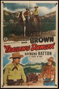 7d903 TRAILING DANGER 1sh '47 cowboys Johnny Mack Brown & Raymond Hatton on horseback!