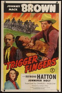 7d908 TRIGGER FINGERS 1sh '46 great image of Johnny Mack Brown, Raymond Hatton!