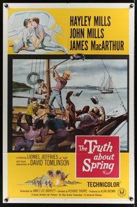 7d915 TRUTH ABOUT SPRING 1sh '65 Richard Thorpe directed, daughter Hayley Mills w/John Mills!