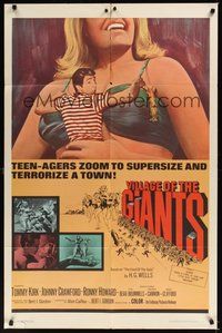 7d939 VILLAGE OF THE GIANTS 1sh '65 classic image of boy in gigantic sexy girl's cleavage!